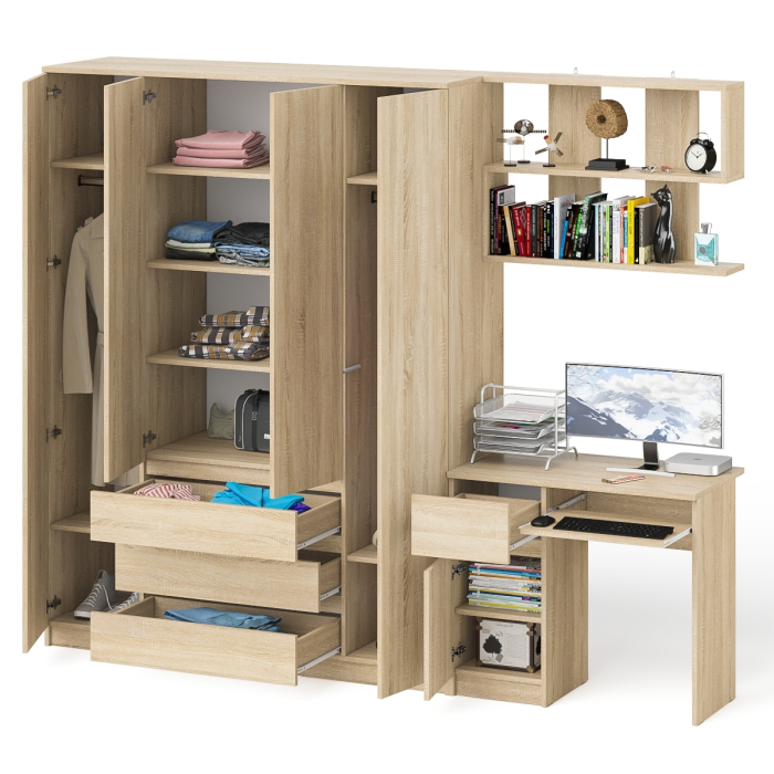 Домашние кабинеты, Четырёх-дверный шкаф-комод Мори МШ1600.1 с компьютерным столом МС-1 тумба слева и верхней полкой