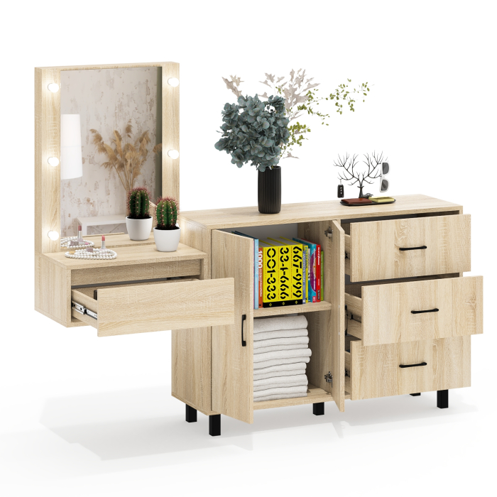 С зеркалом, Стол косметический навесной с подсветкой и тумба-комод 123-1204.