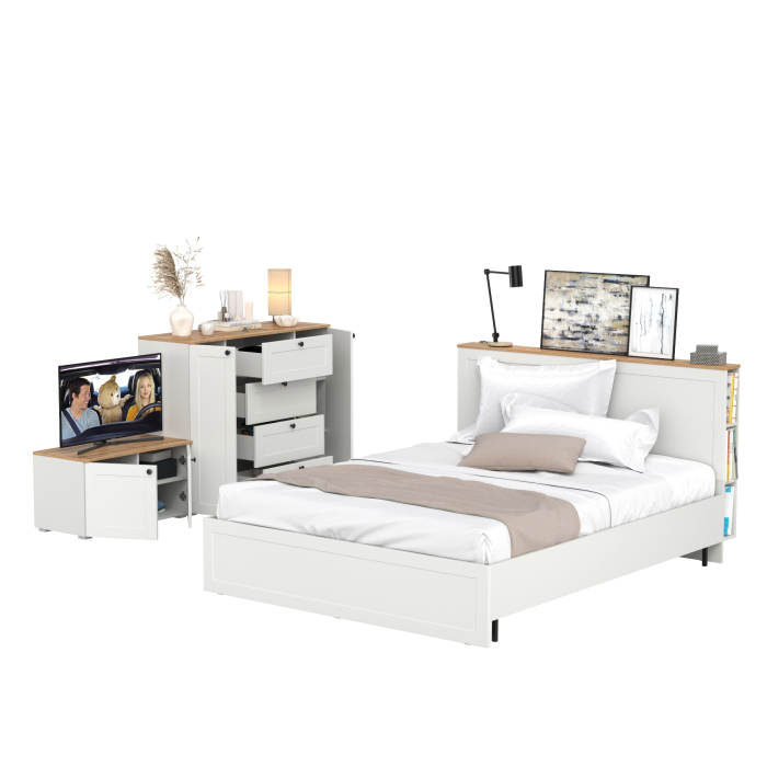 Спальные гарнитуры, Кровать Остин со спальным местом 1600 с ортопедическим основанием с тумбой с дверками и комодом 16.221