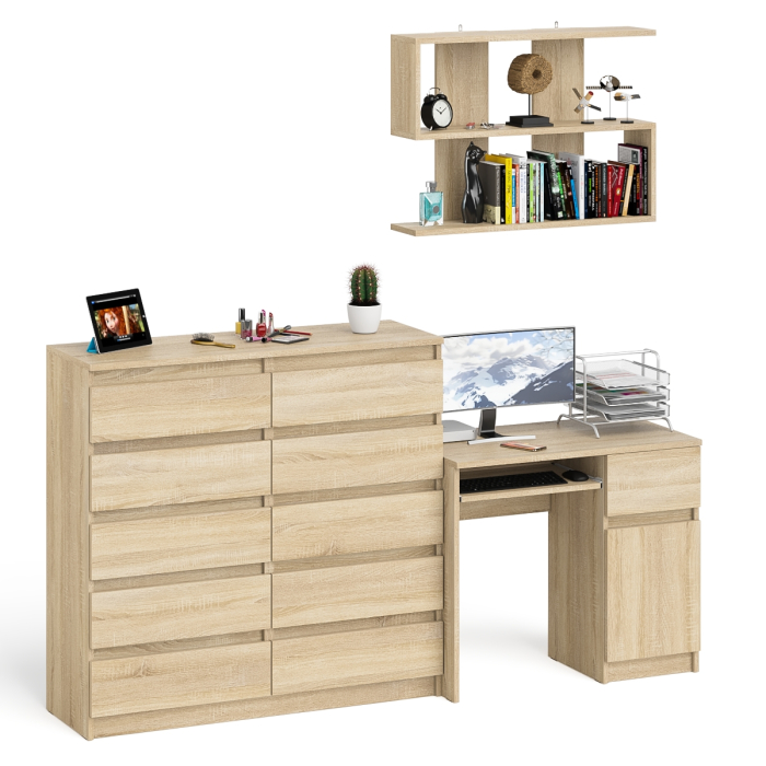 Домашние кабинеты, Стол компьютерный Мори МС-1 правый с комодом на 10-ть ящиков и навесной полкой 900