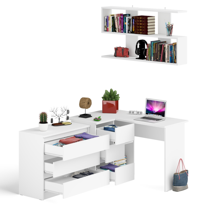 Домашние кабинеты, Комод на три ящика Мори МК800.1 с компьютерным столом для работы левый и открытой полкой