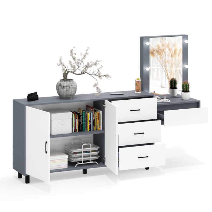 С зеркалом, Косметический навесной столик с подсветкой и комод с ящиками и дверками 123-1604