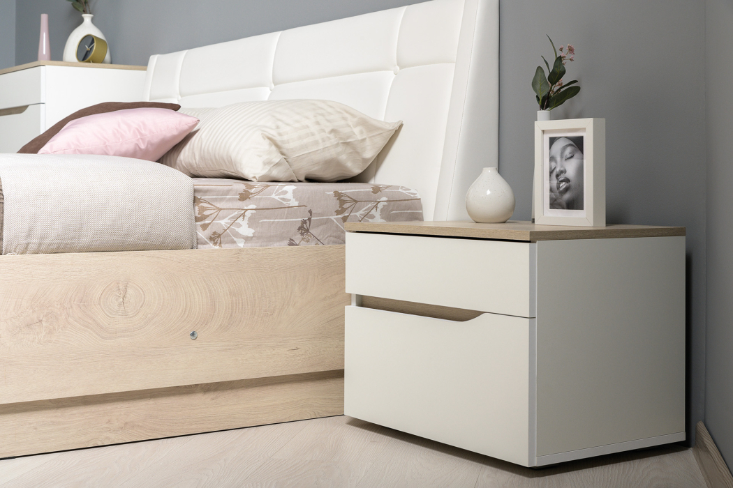 Спальные гарнитуры, Спальня Муссон № 4 белый/дуб эндгрейн элегантный/искусственная кожа белая, 1600х2000