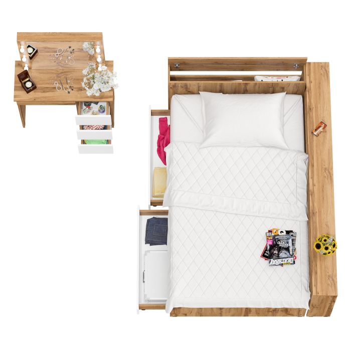 Спальные гарнитуры, Кровать с прикроватным блоком с ящиками Ксения 1200 и туалетный столик с подсветкой Сура