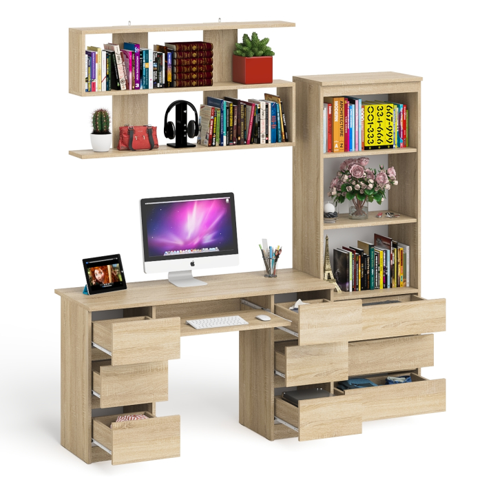 Домашние кабинеты, Рабочее место Мори из стола двухтумбового МС-2 с навесной полкой и стеллажом