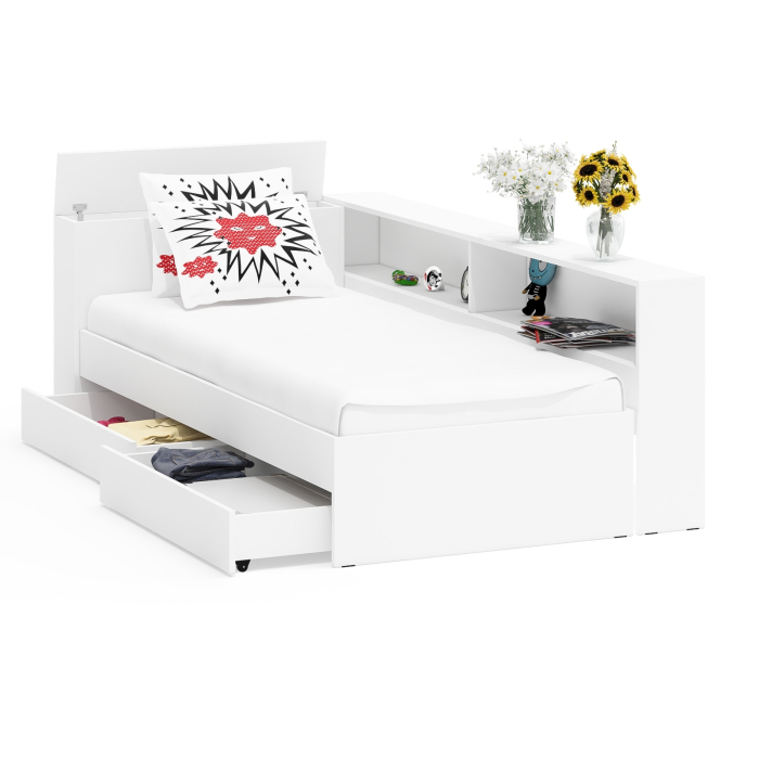 Кровати 90 см, Кровать односпальная 900 с ящиками и прикроватным блоком Ксения