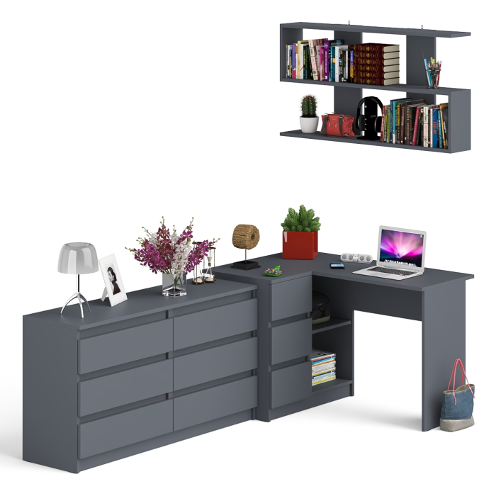 Домашние кабинеты, Стол угловой компьютерный Мори МС-16 левый с навесной книжной полкой и комодом МК1380.6