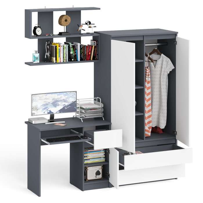 Домашние кабинеты, Стол компьютерный с ящиком МС-1 правый с навесной полкой и шкаф-комод МШ900.1 Мори