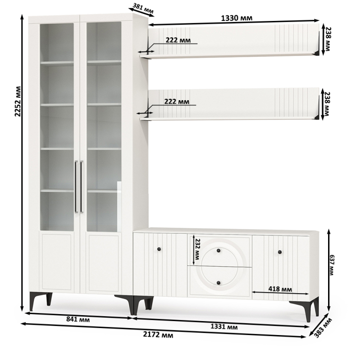 Стенки для гостиной, Сервант со стеклом и ТВ-тумба с двумя верхними полками Валенсия № 59