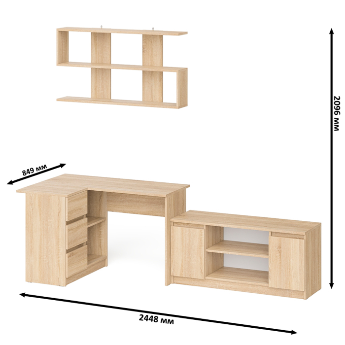 Домашние кабинеты, Угловой стол компьютерный Мори МС-16 левый с тумбой под ТВ и полкой для книг