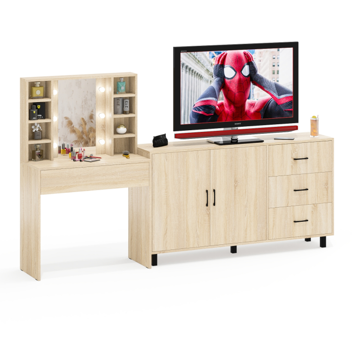 С зеркалом, Косметический cтол с подсветкой и ящиком 115 и комод 123-1604