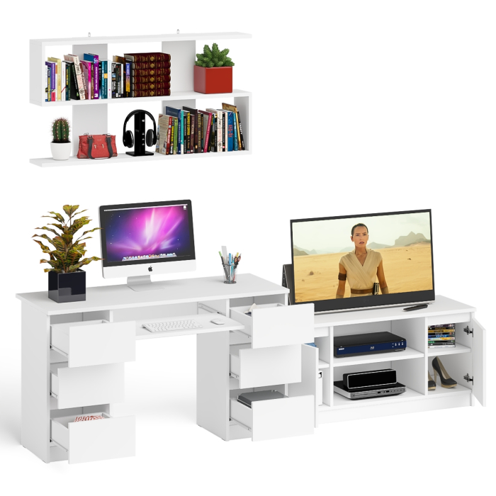 Домашние кабинеты, Письменный стол Мори МС-2 с ТВ-тумбой 1200 и навесной полкой 1200