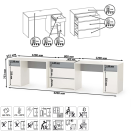 Рабочие столы для двоих детей и комод Торонто № 09