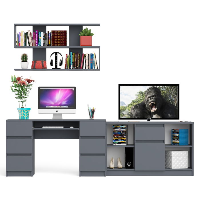 Домашние кабинеты, Стол письменный двухтумбовый Мори МС-2 с навесной открытой полкой и тумбой под ТВ