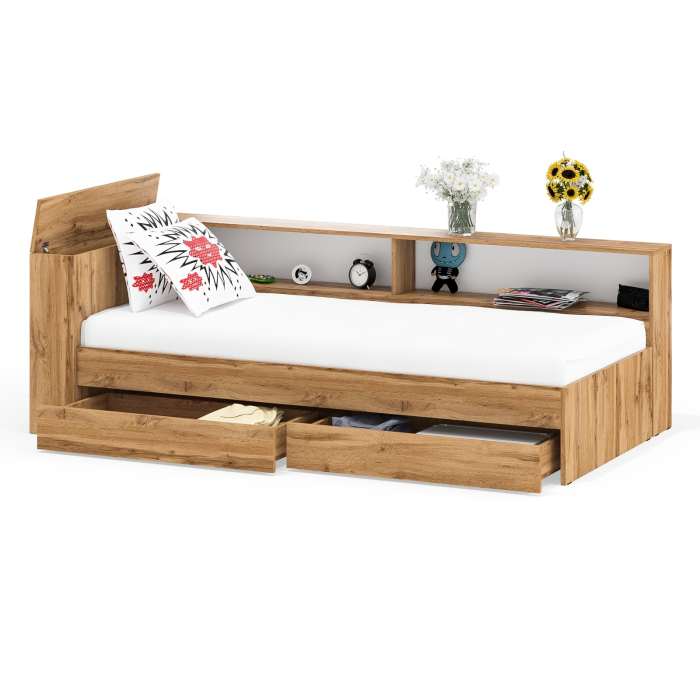 Кровати 90 см, Кровать односпальная 900 с ящиками и прикроватным блоком Ксения