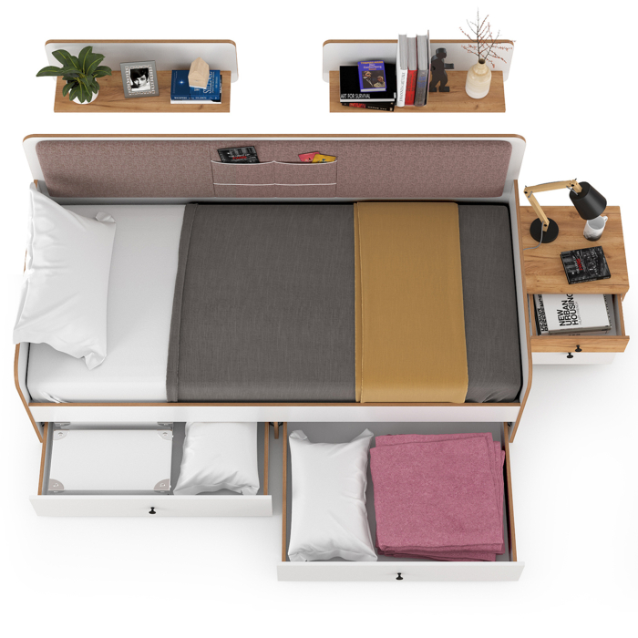 Для девочек, Кровать с ящиками с двумя открытыми полками Вуди и тумба