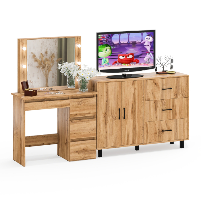 С зеркалом, Комод-тумба 123-1204 и столик косметический с подсветкой и зеркалом Сура