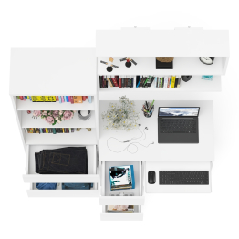 Стол для работы три ящика слева Мори с навесной полкой на 900 и стеллаж-комод три ящика