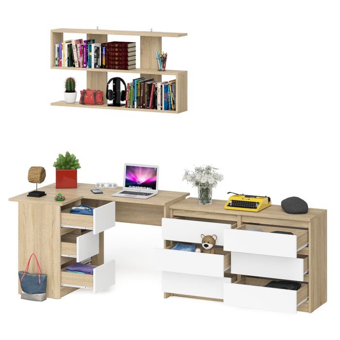 Домашние кабинеты, Стол компьютерный угловой МС-16 левый Мори с полкой для книг и широким комодом