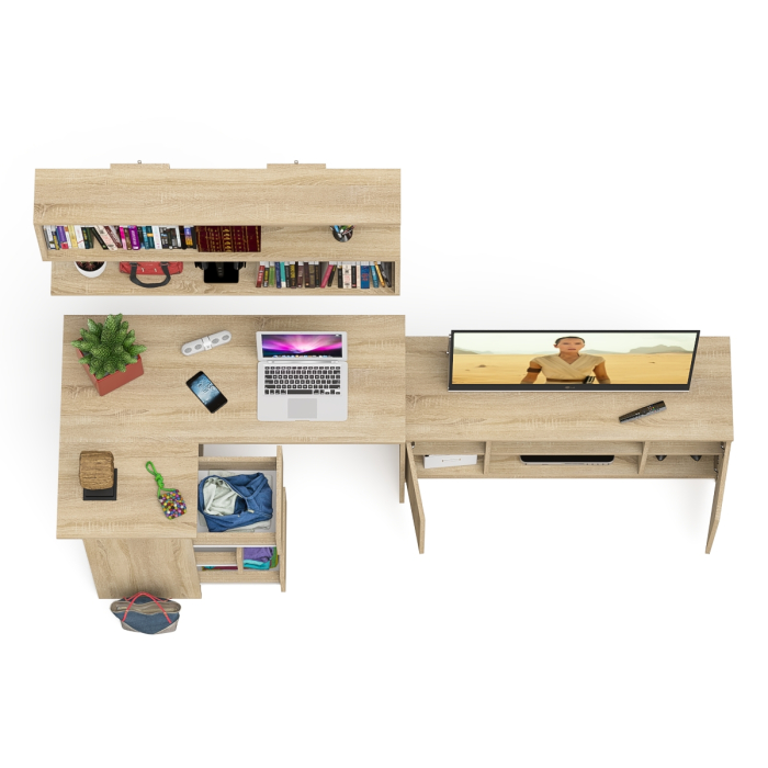 Домашние кабинеты, Угловой стол компьютерный Мори МС-16 левый с тумбой под ТВ и полкой для книг