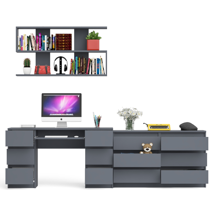 Домашние кабинеты, Широкий комод Мори на шесть ящиков с двутумбовым столом МС-2 и открытой полкой