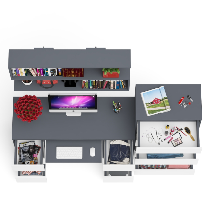 Домашние кабинеты, Стол для работы МС-2 с высоким комодом на пять ящиков и навесной полкой Мори