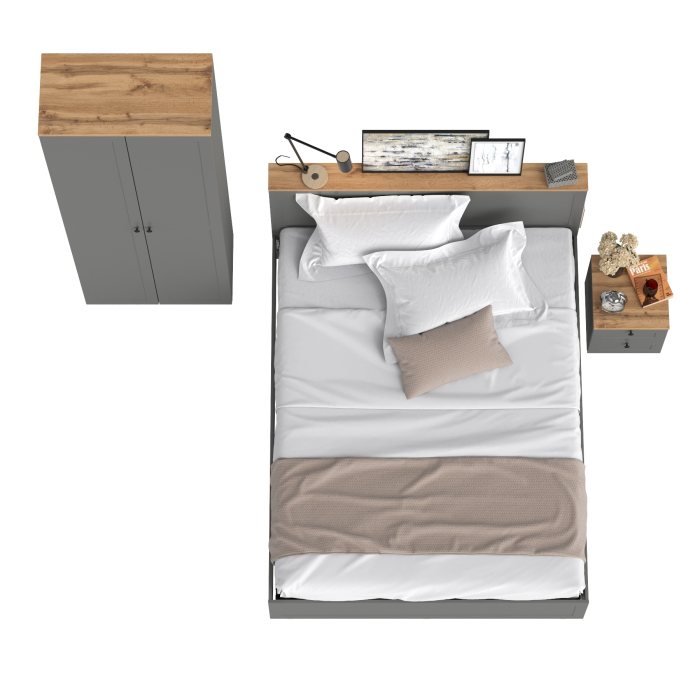 Спальные гарнитуры, Двухспальная кровать Остин с ортопедическим основанием и шкаф с полками 16.307 с тумбочкой прикроватной