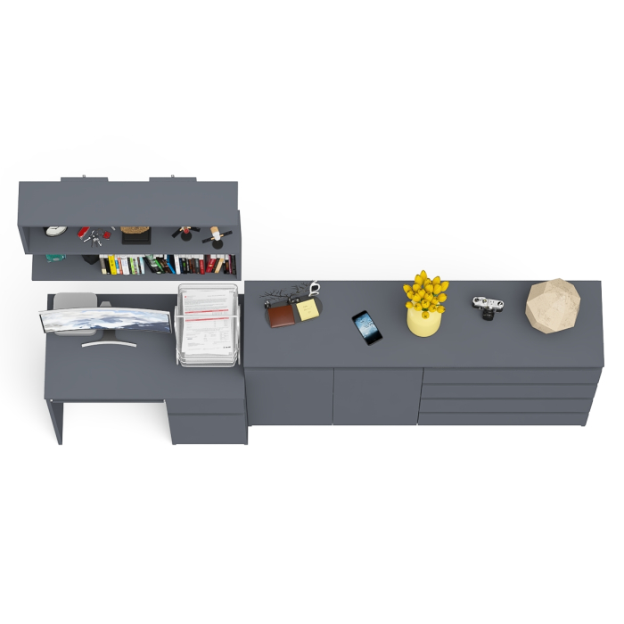 Домашние кабинеты, Тумба-комод с дверками и ящиками на 1600 со столом с тумбой и ящиком справа и навсеной полкой Мори