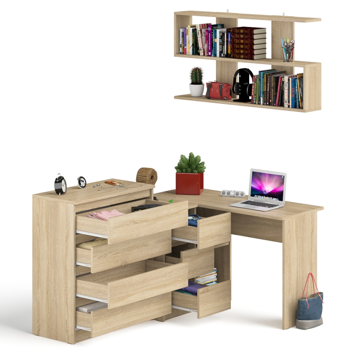 Домашние кабинеты, Стол компьютерный Мори МС-16 с тремя ящиками слева с книжной полкой на 1200 и комод на 4-ре ящика
