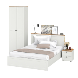 Двухспальная кровать Остин с ортопедическим основанием и шкаф с полками 16.307 с тумбочкой прикроватной