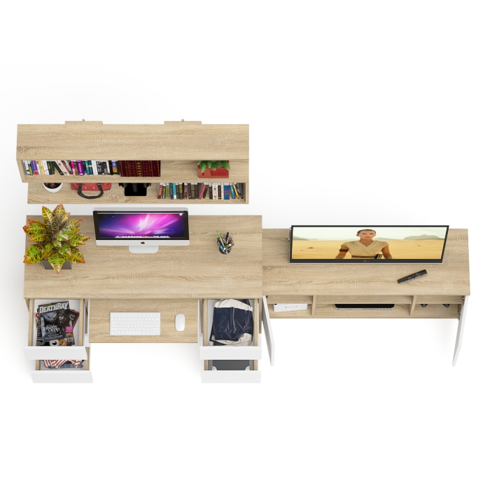 Домашние кабинеты, Письменный стол Мори МС-2 с ТВ-тумбой 1200 и навесной полкой 1200