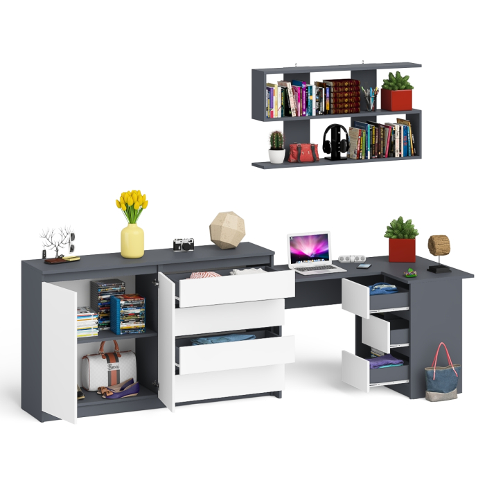 Домашние кабинеты, Тумба-комод МК1600.1 Мори с навесной книжной полкой и угловой компьютерный стол МС-16 правый