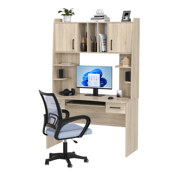 Прямые компьютерные столы, Компьютерный стол с надстройкой Бета и кресло компьютерное серое