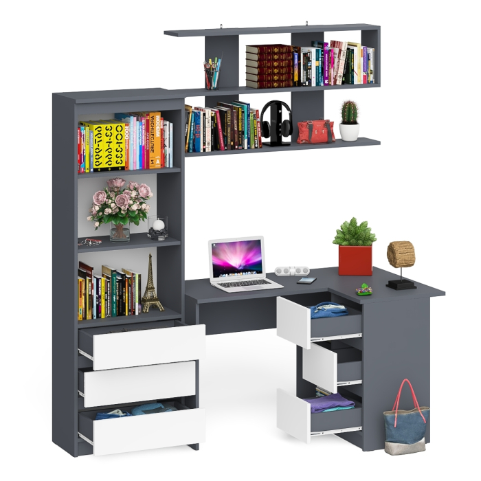 Домашние кабинеты, Рабочее место с угловым столом Мори МС-16 правым со стеллажом и полкой