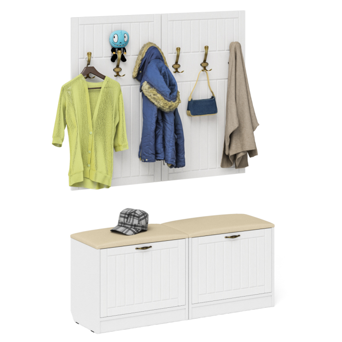 Прихожие, Две обувницы с мягким сиденьем с двумя вешалками для одежды П-6 МДФ фрезеровка прованс