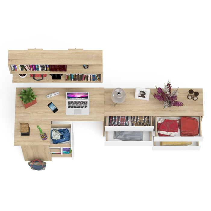 Домашние кабинеты, Стол угловой компьютерный Мори МС-16 левый с навесной книжной полкой и комодом МК1380.6