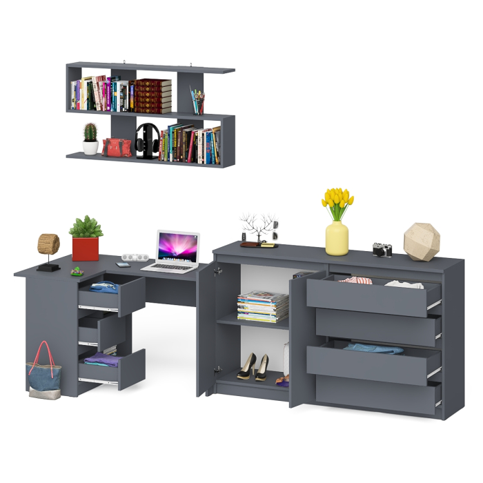 Домашние кабинеты, Угловой компьютерный стол с тремя ящиками Мори МС-16 левый с тумбой-комодом и книжной полкой