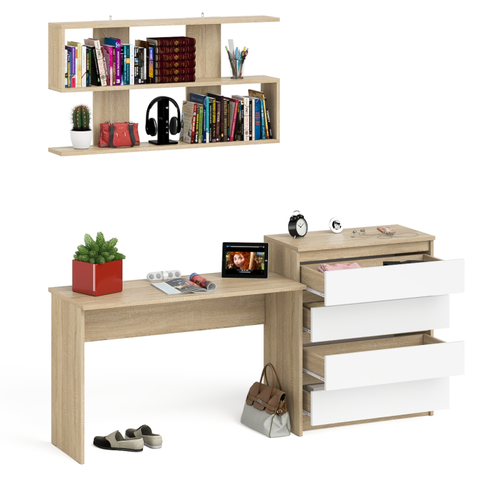 Прямые компьютерные столы, Комод Мори четыре ящика МК800.4 с письменным столом с навесной полкой на 1200