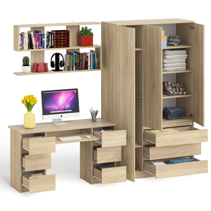 Домашние кабинеты, Шкаф-комод трёхдверный Мори МШ1200.1 с письменным столом и открытой книжной полкой