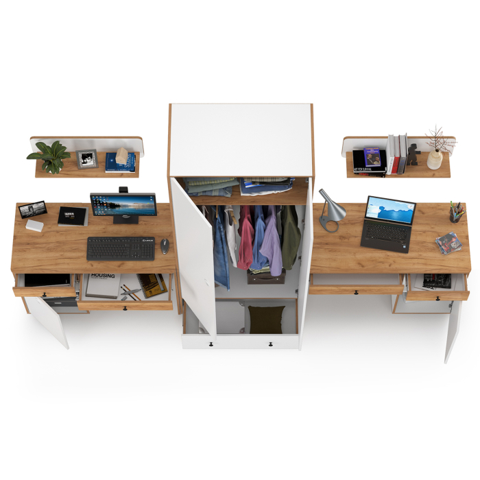 Офисная мебель, Два стола для учёбы, шкаф и две открытых полки Вуди