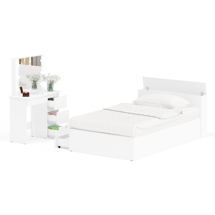 Спальные гарнитуры, Кровать с ящиками полутораспальная Ксения 1200 и туалетный столик с подсветкой Сура