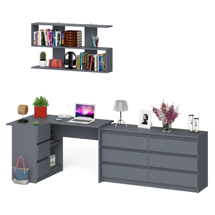 Домашние кабинеты, Стол угловой компьютерный Мори МС-16 левый с навесной книжной полкой и комодом МК1380.6