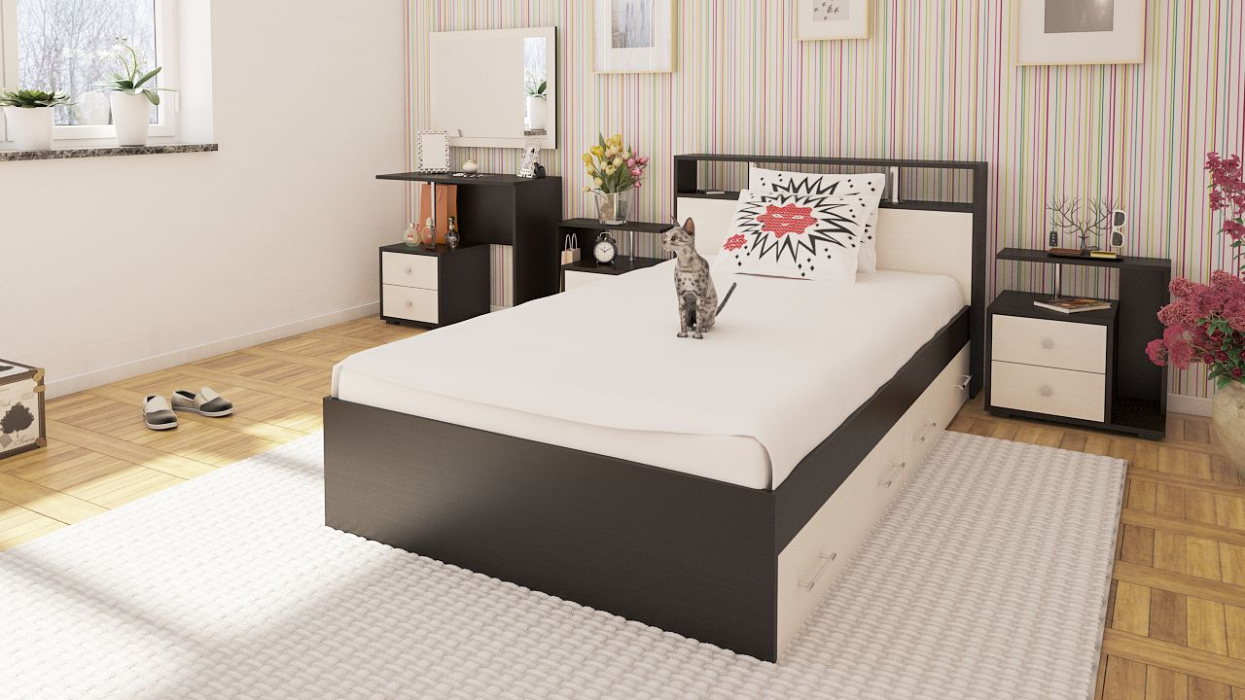 Спальные гарнитуры, Кровать с ящиками Камелия 1200 с двумя прикроватными тумбами