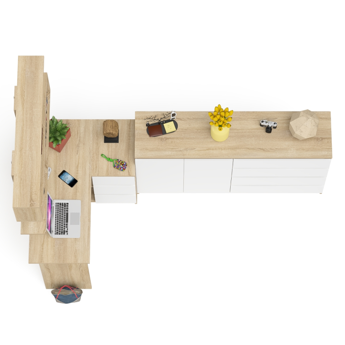 Домашние кабинеты, Тумба-комод МК1600.1 Мори с навесной книжной полкой и угловой компьютерный стол МС-16 правый