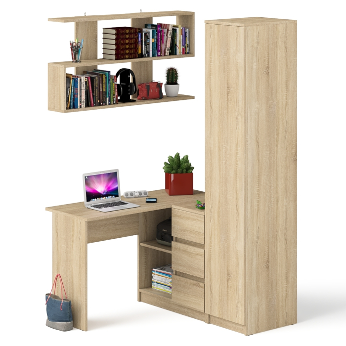 Домашние кабинеты, Стол угловой компьютерный Мори МС-16 правый с пеналом с полками и навесной открытой полкой 1200