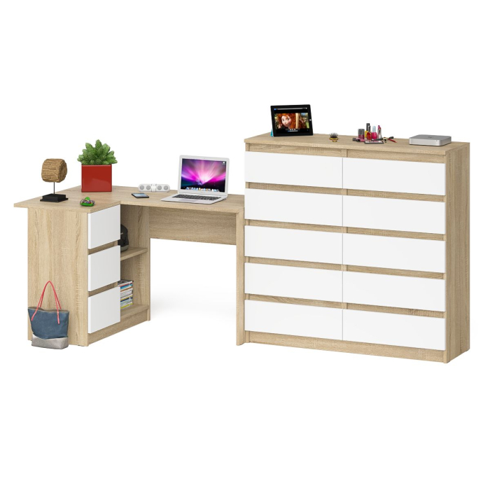 Компьютерные столы, Компьютерный стол угловой МС-16 с тумбой слева с высоким комодом 10-ть ящиков Мори