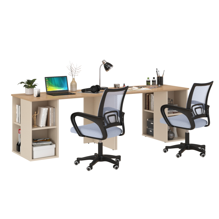 Прямые компьютерные столы, Набор для работы и учёбы из двух столов письменных Лайт 12.163 и двух серых кресел