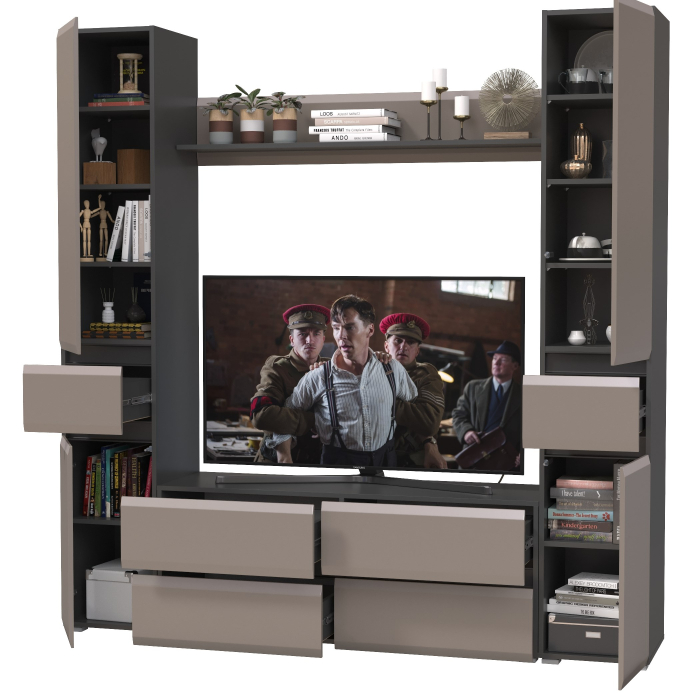 Стенки для гостиной, Тумба-ТВ с открытой навесной полочкой и два пенала Сидней с ящиками