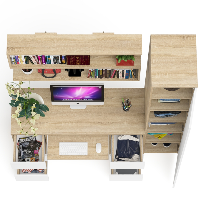 Домашние кабинеты, Компьютерный стол МС-2 с верхней полкой и пеналом для вещей Мори