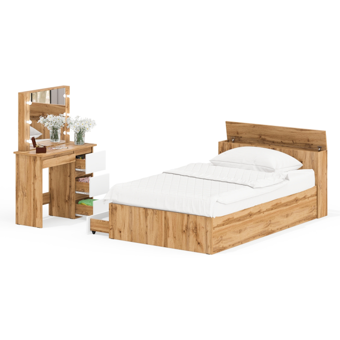 Спальные гарнитуры, Кровать с ящиками полутораспальная Ксения 1200 и туалетный столик с подсветкой Сура